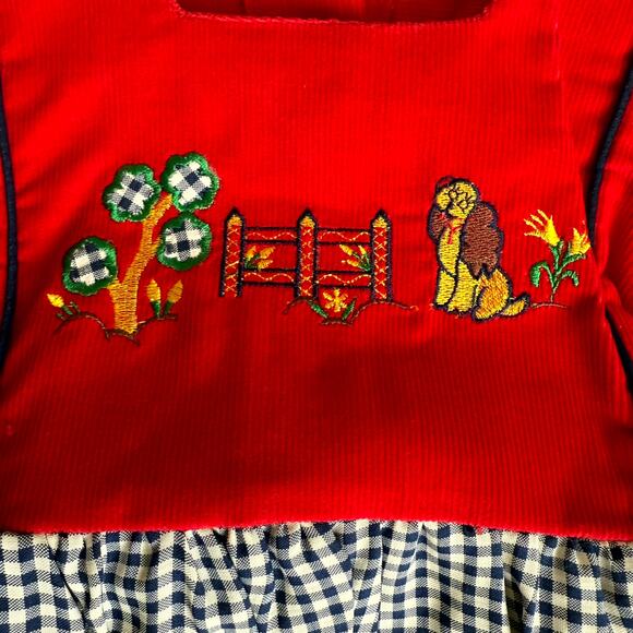 Vintage 90s Piano Kids Fashion Dress Girls 8 Gingham Check Corduroy Embroidered - Picture 3 of 4